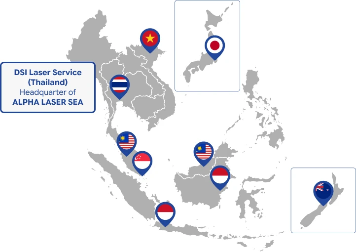 ALPHA LASER Southeast Asia network map covering Thailand, Vietnam, Singapore, Malaysia, Indonesia, Japan and New Zealand, headquartered at DSI Laser Service (Thailand)