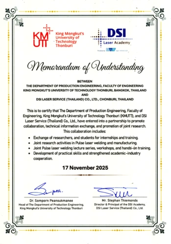 Memorandum of Understanding between King Mongkut's University of Technology Thonburi and DSI Laser Service (Thailand) Co., Ltd., signed 17 November 2025