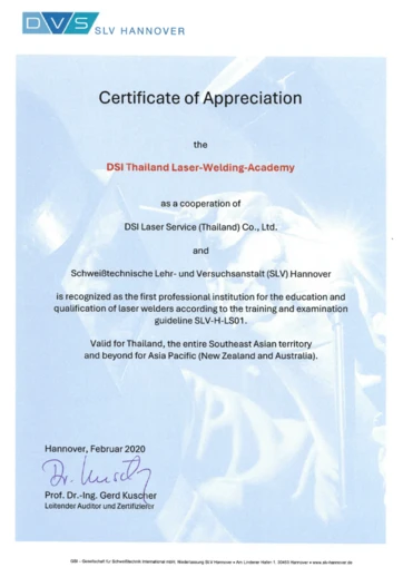 DVS SLV Hannover Certificate of Appreciation awarded to DSI Thailand Laser-Welding-Academy, Hannover, Februar 2020