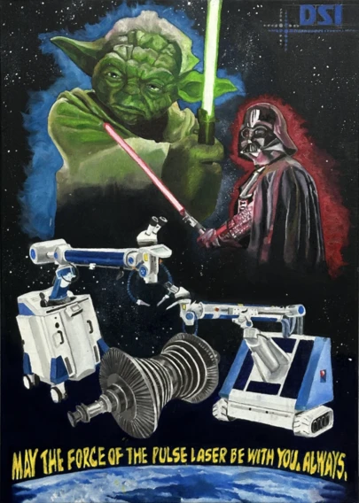Oil painting depicting Yoda and Darth Vader with lightsabers above laser welding robots, captioned &ldquo;May the force of the Pulse Laser be with you, always&rdquo;