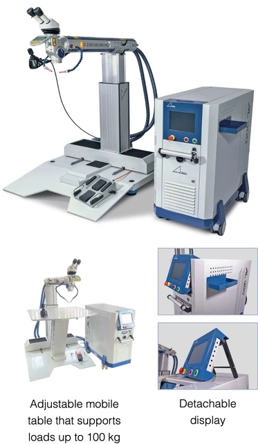 AL-IN Series pulse laser welding machine with lifting column, adjustable mobile table that supports loads up to 100 kg, and detachable display